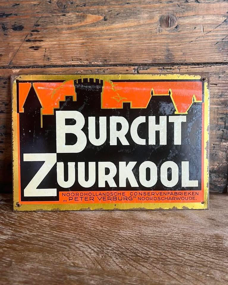 OUD BORDJE VAN BLIK BURCHT ZUURKOOL, Verzamelen, Ophalen of Verzenden, Gebruikt, Reclamebord