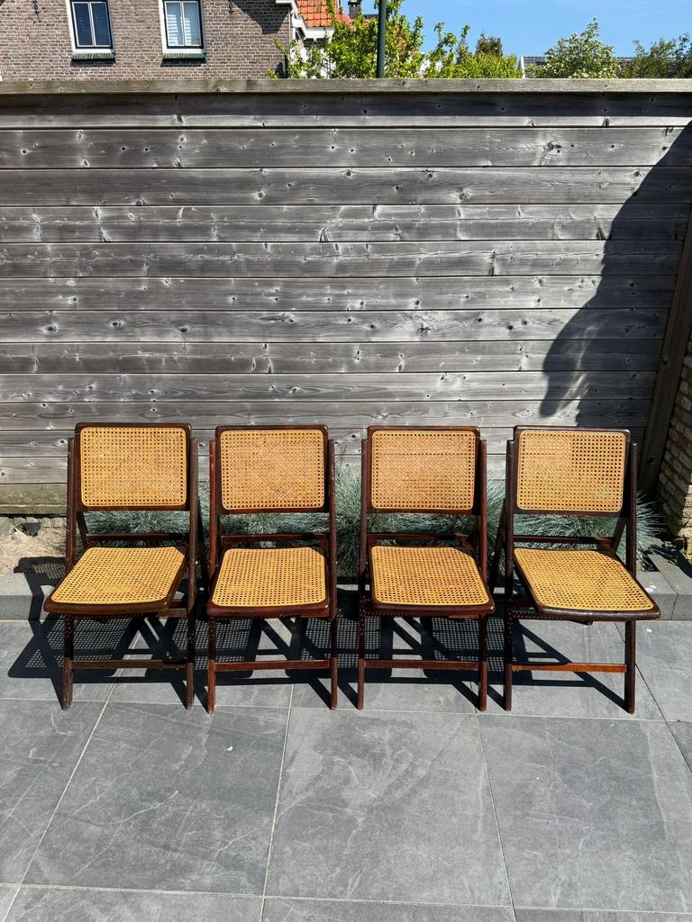 4 Vintage Webbing klapstoelen, jaren 60, Ophalen, Gebruikt, Bruin, Hout