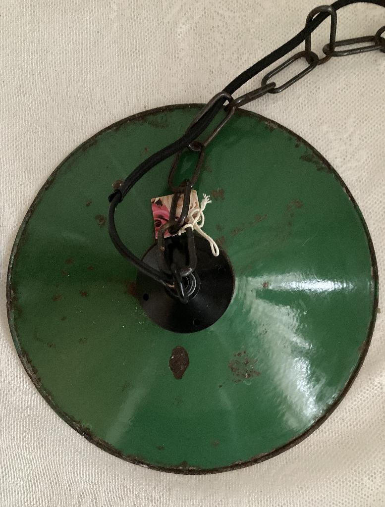 Brocante oud industrieel emaille hanglampje / groen, Huis en Inrichting, Lampen | Hanglampen, Gebruikt, Ophalen of Verzenden, Nvt