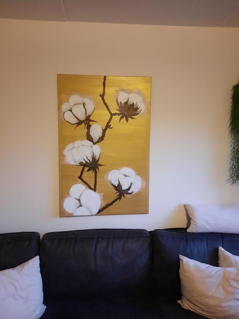Prachtig handgeschilderd katoenbloem schilderij 75x120cm, Antiek en Kunst, Ophalen of Verzenden