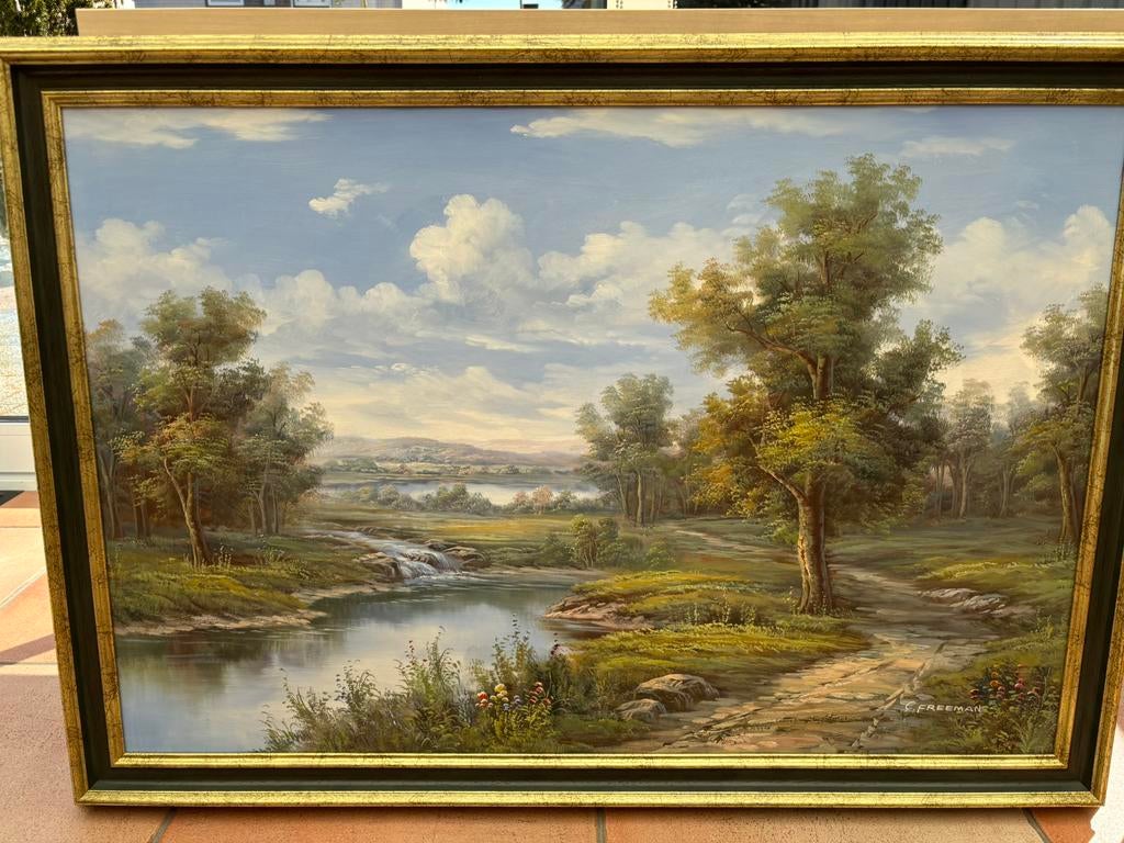 Schilderij met landschap en rivier, gesigneerd C. Freeman, Antiek en Kunst, Ophalen