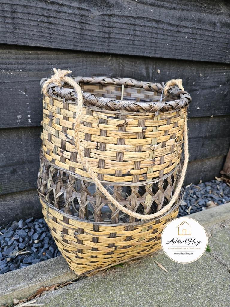 Nieuw windlicht groot naturel/zwart riet - rotan - mand, Overige materialen, 25 tot 50 cm, Nieuw, Ophalen of Verzenden