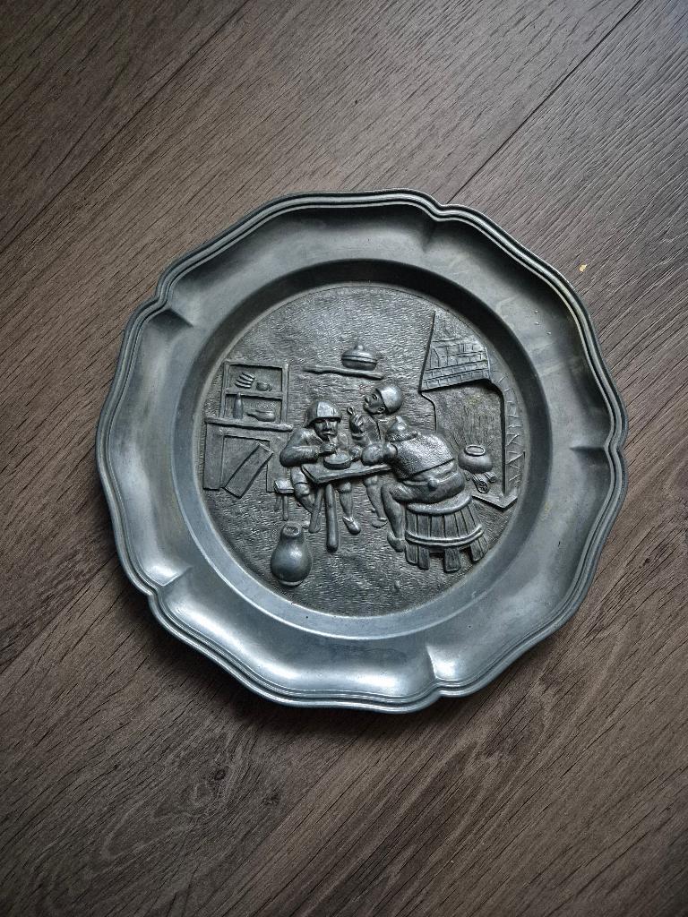 Tinnen sierbord - pijprokers, Antiek en Kunst, Antiek | Tin, Ophalen of Verzenden