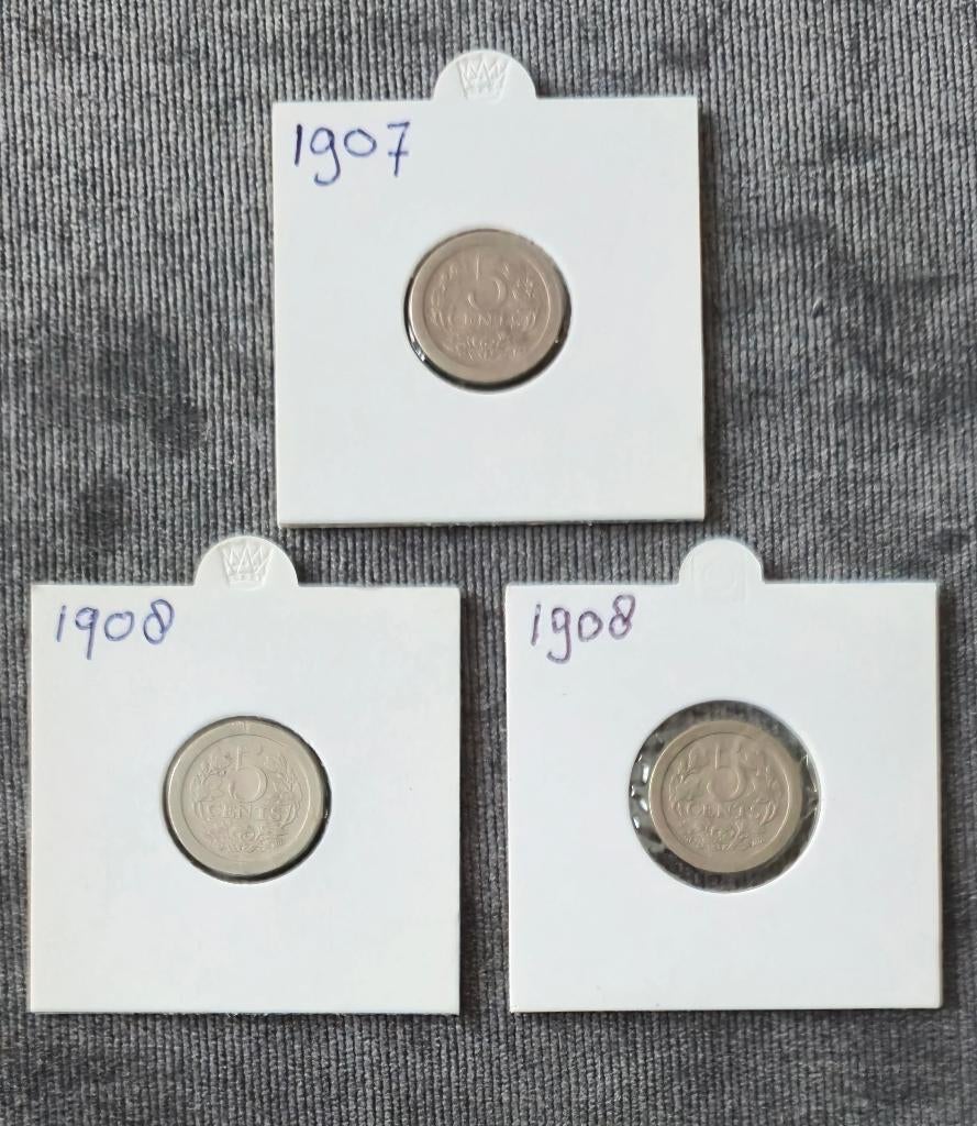 3 x 5 cent 1907 - 2x 1908 nederland, Postzegels en Munten, Munten | Nederland, Verzenden, Koningin Beatrix, 5 cent, Setje