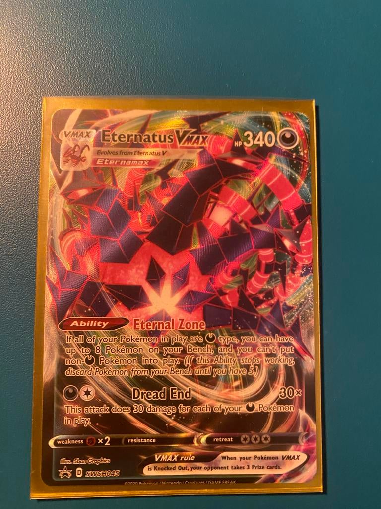 Eternatus Vmax Pokémon kaart + hoesje, Ophalen of Verzenden, Zo goed als nieuw, Losse kaart, Foil