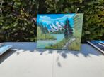 mooie geschilderde schilderij met bergen en bomen, Minder dan 50 cm, Gebruikt, Ophalen of Verzenden, Schilderij