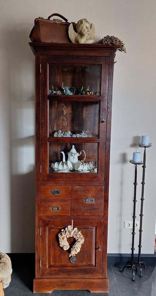 Teak vitrinekast met verlichting, Huis en Inrichting, Kasten | Vitrinekasten, Ophalen, 50 tot 100 cm, Zo goed als nieuw, 150 tot 200 cm