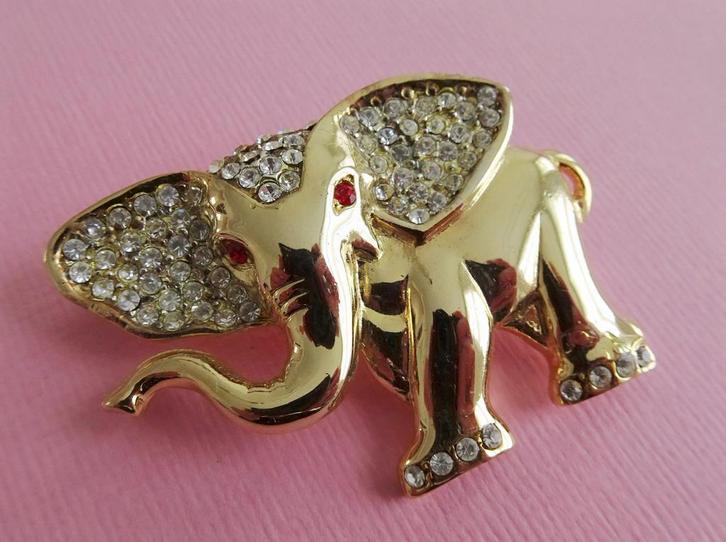 jwg XL Grote vintage 80s Olifant broche goud verguld strass, Sieraden, Tassen en Uiterlijk, Antieke sieraden, Broche, Overige materialen