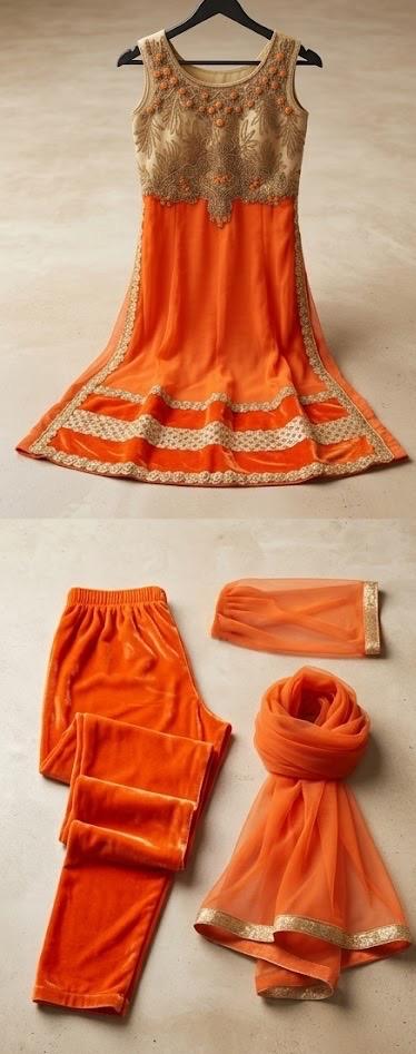 3-delige oranje Indiase jurk suit lange model, Maat 38/40 (M), Overige typen, Oranje, Ophalen of Verzenden