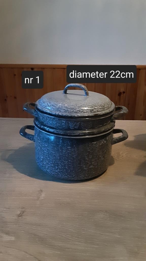 EMAILLE GRIJSGEWOLKTE STOOMPAN DIAMETER 22CM., Antiek en Kunst, Antiek | Emaille, Ophalen of Verzenden