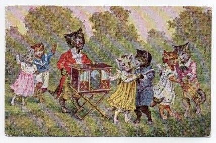 Getekende aangeklede poezen dansen hand draaiorgel, Ophalen, 1940 tot 1960, Gelopen, Overige thema's