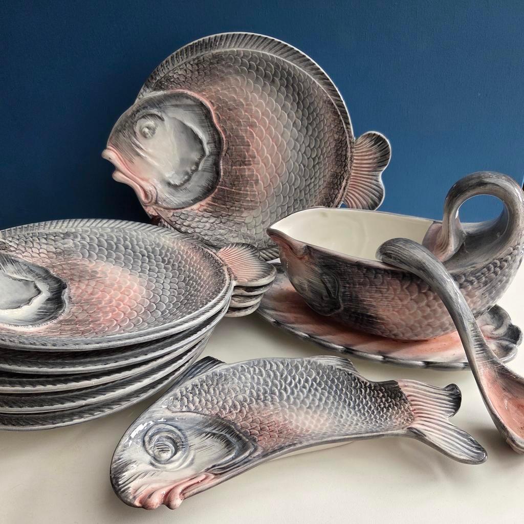 Brocante Barbotine Aardewerk Vis Servies Compleet, Ophalen of Verzenden