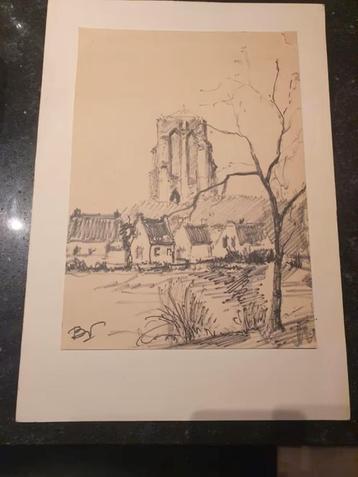tekening grafiet/ inkt Zierikzee Sint-Lievensmonstertoren BV beschikbaar voor biedingen