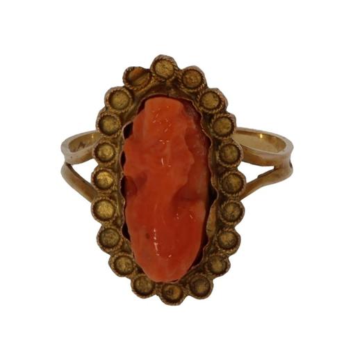 Antieke 14k gouden ring met bloedkoraal camee portret dame, Sieraden, Tassen en Uiterlijk, Antieke sieraden, Ring, Goud, Met edelsteen