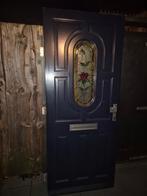 Hardhouten buitendeur. 87.5x208.5cm. Dubbelglas in lood roos, Verzamelen, Foto's en Prenten, Ophalen, 1980 tot heden, Gebruikt