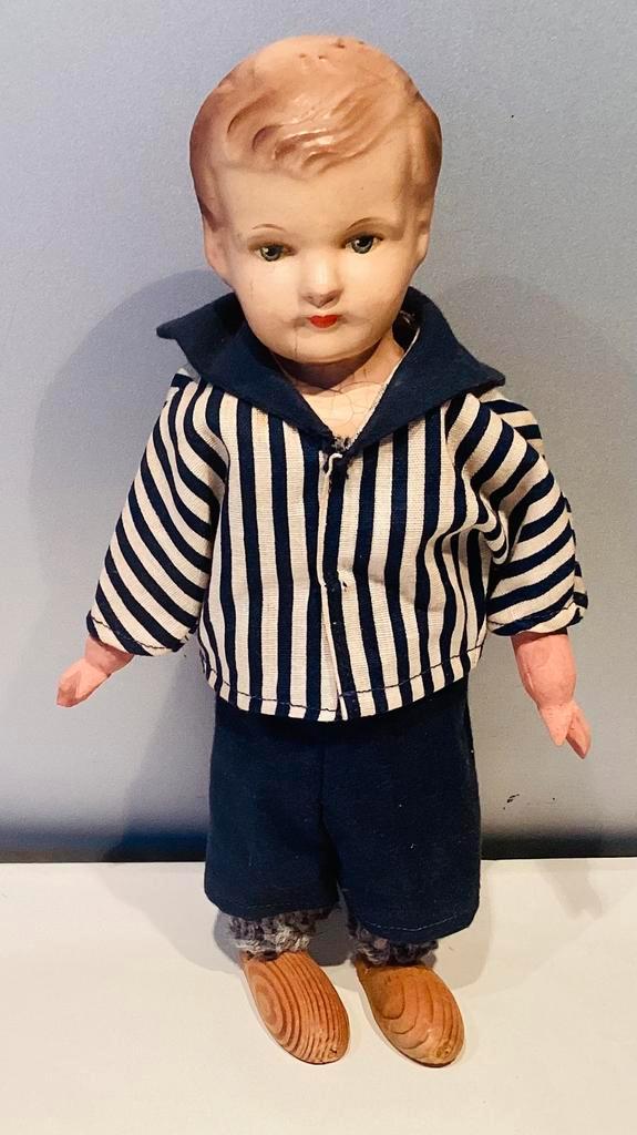 Oud papier mache & houten popje ca 1940’s,kleding origineel, Antiek en Kunst, Antiek | Speelgoed, Ophalen