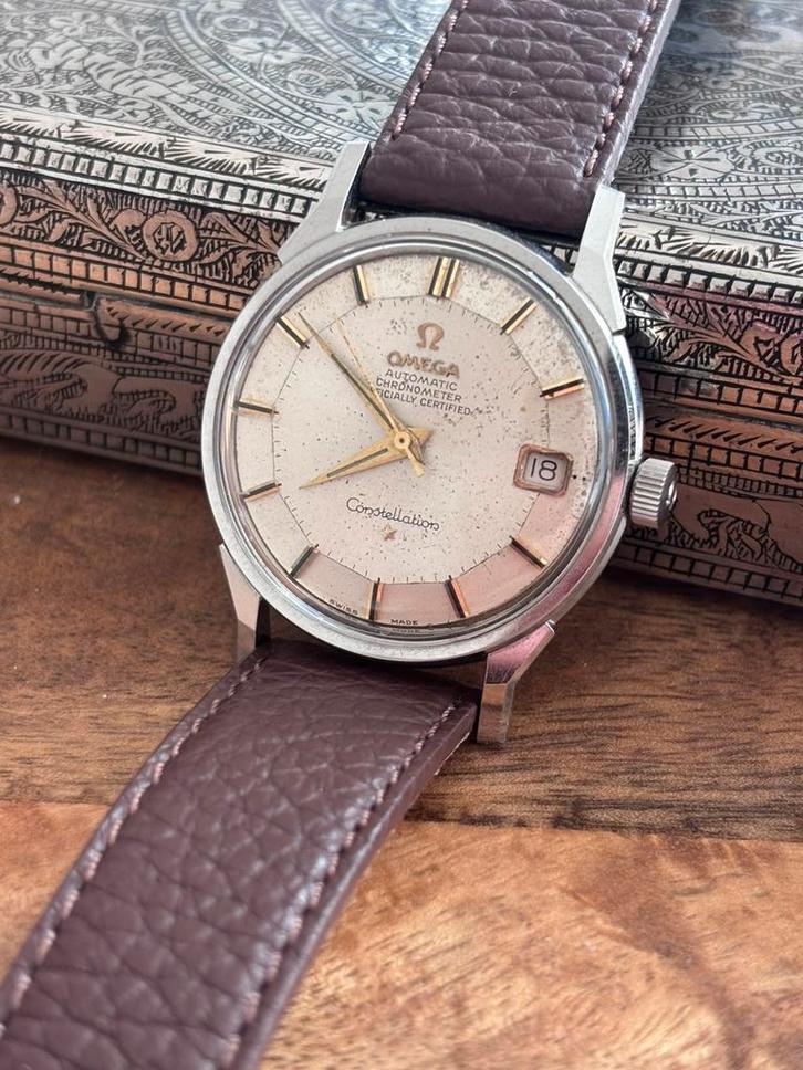 Omega Constellation Pie Pan,, Sieraden, Tassen en Uiterlijk, Horloges | Heren, Gebruikt, Polshorloge, Omega, Staal, Leer, Ophalen of Verzenden