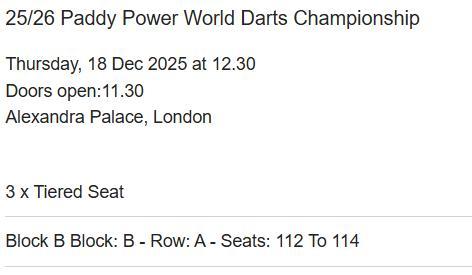 3 x WK Darts ticket donderdagmiddag sessie 18 december 2025, Tickets en Kaartjes, Sport | Overige, Drie personen of meer, December