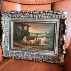 Oud klassiek schilderij, vee in landschap, ollieverf op pane, Ophalen of Verzenden