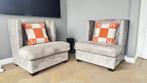 Twee taupe lederen oor-fauteuils, Huis en Inrichting, Fauteuils, Ophalen, Gebruikt, 75 tot 100 cm, Leer