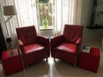 2 Rode fauteuils met 2 hockers, Huis en Inrichting, Fauteuils, Ophalen, Minder dan 50 cm, Minder dan 75 cm, Leer