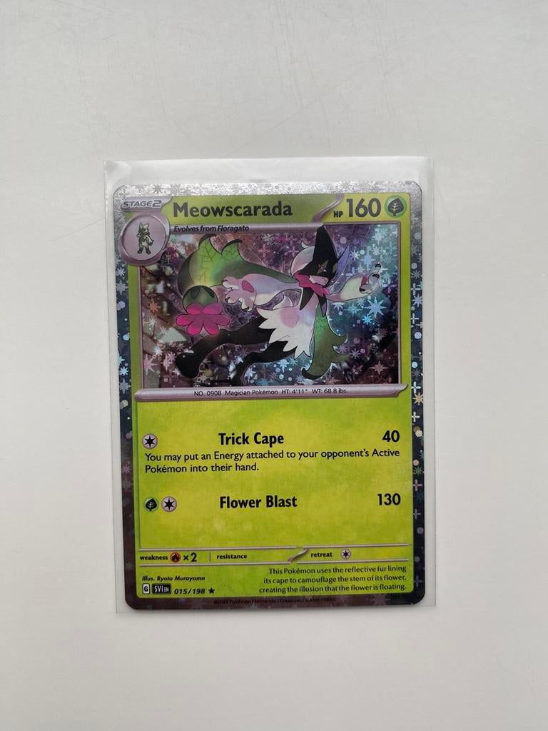 Meowscarada Sparkle Holo, Hobby en Vrije tijd, Verzamelkaartspellen | Pokémon, Ophalen of Verzenden, Zo goed als nieuw
