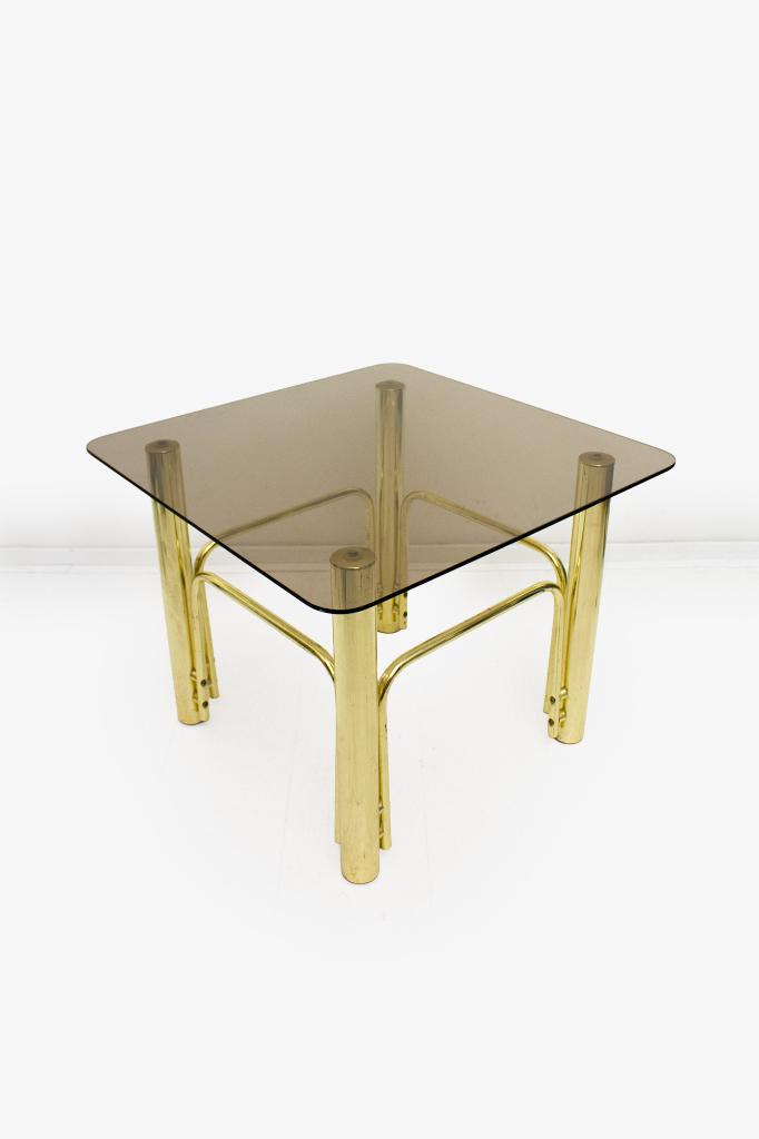 Vintage vierkante messing bijzettafel rookglas, Gebruikt, Vierkant, 55 tot 75 cm, Glas
