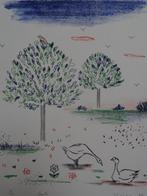 kleurrijke litho ganzen bij bomen, lente Mira O. 1984 Belgie, Antiek en Kunst, Verzenden