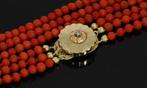 Diamant slot 14k goud bloedkoraal antieke dames ketting, Verzenden, Goud, Ketting, Met edelsteen