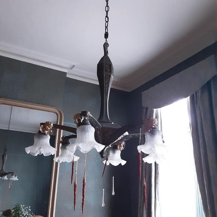 Antieke Art Deco Kroonluchter, Huis en Inrichting, Lampen | Kroonluchters, Gebruikt, Glas, Metaal, Ophalen