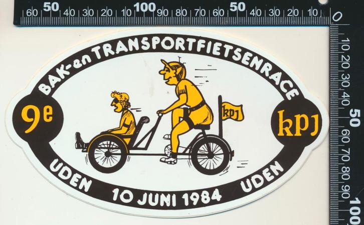 Sticker: Bak en Transportfietsenrace - 1984 - KPJ - Uden, Verzamelen, Stickers, Zo goed als nieuw, Bedrijf of Vereniging, Ophalen of Verzenden