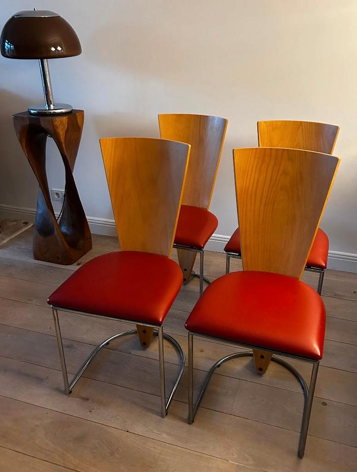 4x Harvink Zino eetkamer stoelen, Huis en Inrichting, Stoelen, Gebruikt, Vier, Hout, Leer, Metaal, Rood, Ophalen