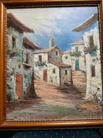 Leuk schilderij mediterraans straatje in houten lijst tekoop, Ophalen, 50 tot 75 cm, Zo goed als nieuw, Schilderij