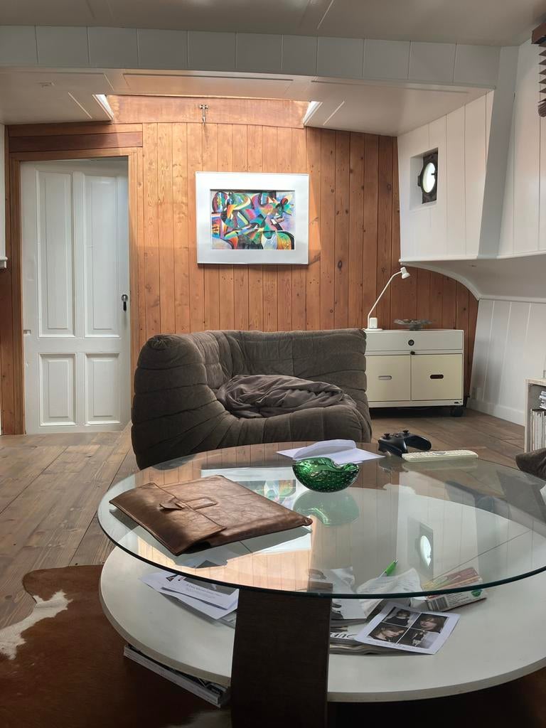 Space Age Salontafel Rond Glas Hout, Huis en Inrichting, Tafels | Salontafels, Ophalen, Gebruikt, 50 tot 100 cm, Rond