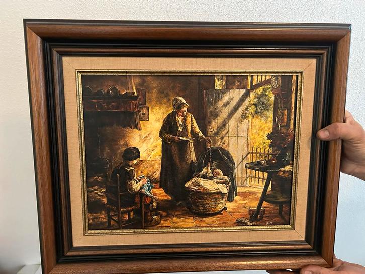 Schilderij: Familie Scène met Baby, Antiek en Kunst, Kunst | Schilderijen | Klassiek, Ophalen