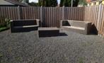 Tuinbanken met kussens en tafel met glasplaat, Tuin en Terras, Tuinsets en Loungesets, Ophalen, Gebruikt, Kunststof