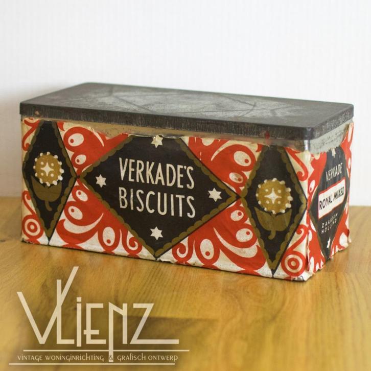Vintage koekblik Verkade met papier Verkade's Biscuits, Verzamelen, Blikken, Gebruikt, Koek(jes), Verkade, Ophalen of Verzenden