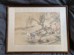 OUDE CHINESE POLYCHROME TEKENING VAN RUITERS MET PAARDEN., Ophalen of Verzenden