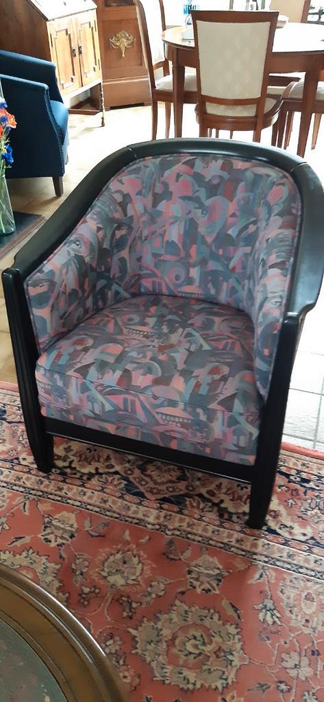 Stijlvolle fauteuil met uniek design, Huis en Inrichting, Fauteuils, Gebruikt, Hout, Stof, 75 tot 100 cm, 75 tot 100 cm, Ophalen