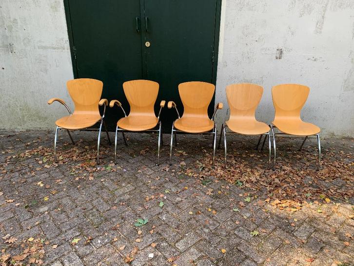 Kimball Bingo stoelen, Huis en Inrichting, Stoelen, Gebruikt, Vijf, Zes of meer stoelen, Hout, Metaal, Bruin, Ophalen