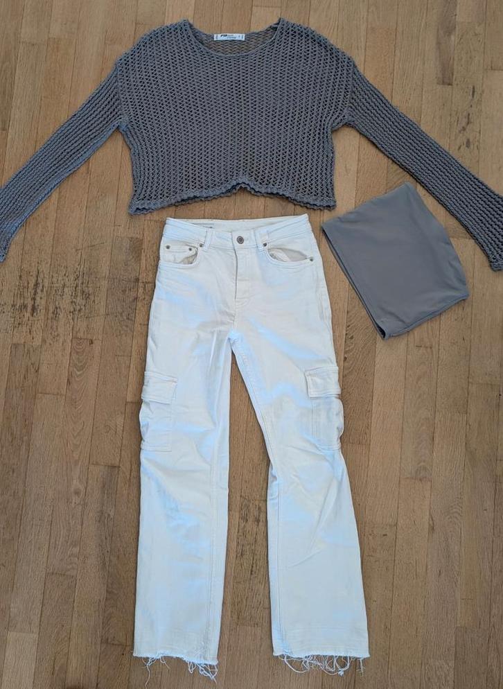 witte flared jeans cargo broek van zara mt 164 met top, Kinderen en Baby's, Kinderkleding | Maat 164, Zo goed als nieuw, Meisje