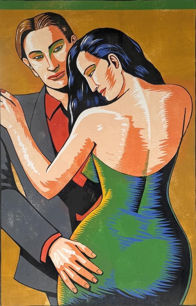 687. Houtsnede Leon Janssen - “Paar op oker R", 2002, Antiek en Kunst, Kunst | Etsen en Gravures, Ophalen of Verzenden