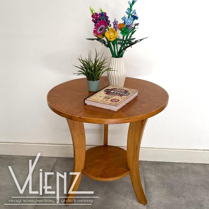 Vintage, retro, ronde bijzettafel, tafel hout, Verzamelen, Retro, Huis en Inrichting, Ophalen
