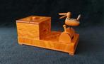 Vintage houten marqueterie sigarettendoos met pikkende vogel, Ophalen of Verzenden