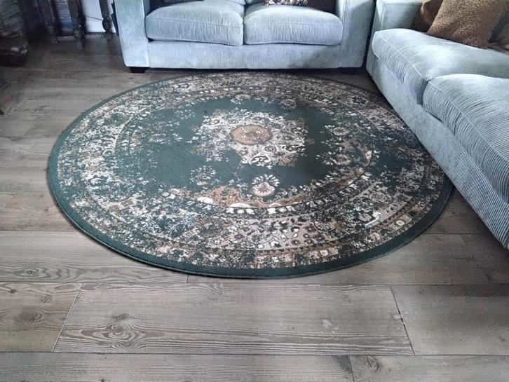 Rond vloerkleed, 245cm, groen/creme/bruin, Huis en Inrichting, Stoffering | Tapijten en Kleden, Zo goed als nieuw, 200 cm of meer