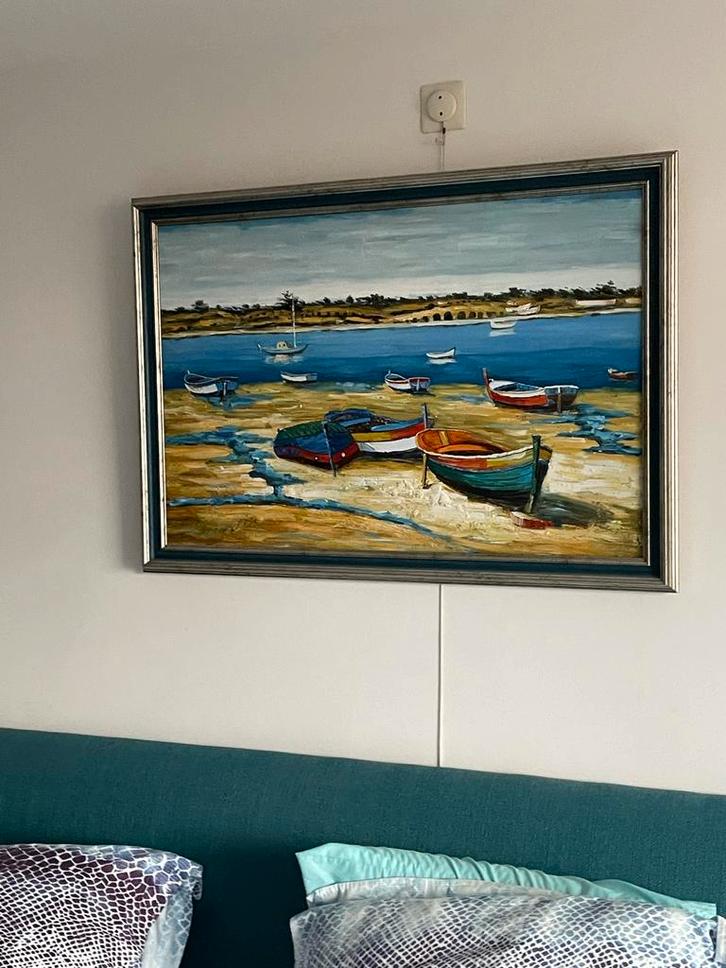 Schilderij: Strand met Boten in Blauwe Lijst, Antiek en Kunst, Kunst | Schilderijen | Klassiek, Ophalen