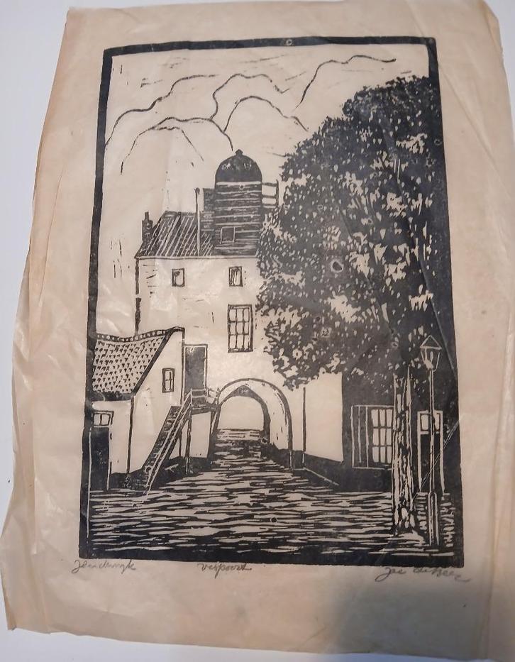 Harderwijk Vispoort Houtsnede Jac. de Beer, Antiek en Kunst, Kunst | Etsen en Gravures, Ophalen of Verzenden