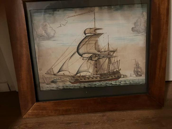 18e Eeuws Havengezicht met Oorlogsschip, Antiek en Kunst, Kunst | Schilderijen | Klassiek, Ophalen of Verzenden