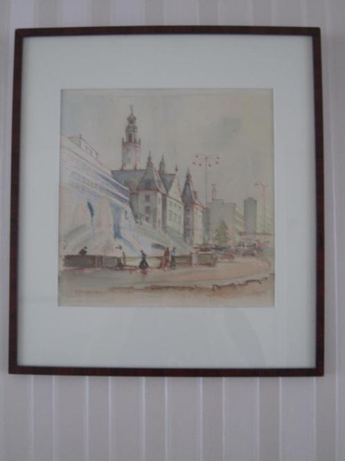 Aquarel, Coolsingel - fontein- stadhuis Rotterdam , Berends, Antiek en Kunst, Kunst | Schilderijen | Klassiek, Ophalen of Verzenden