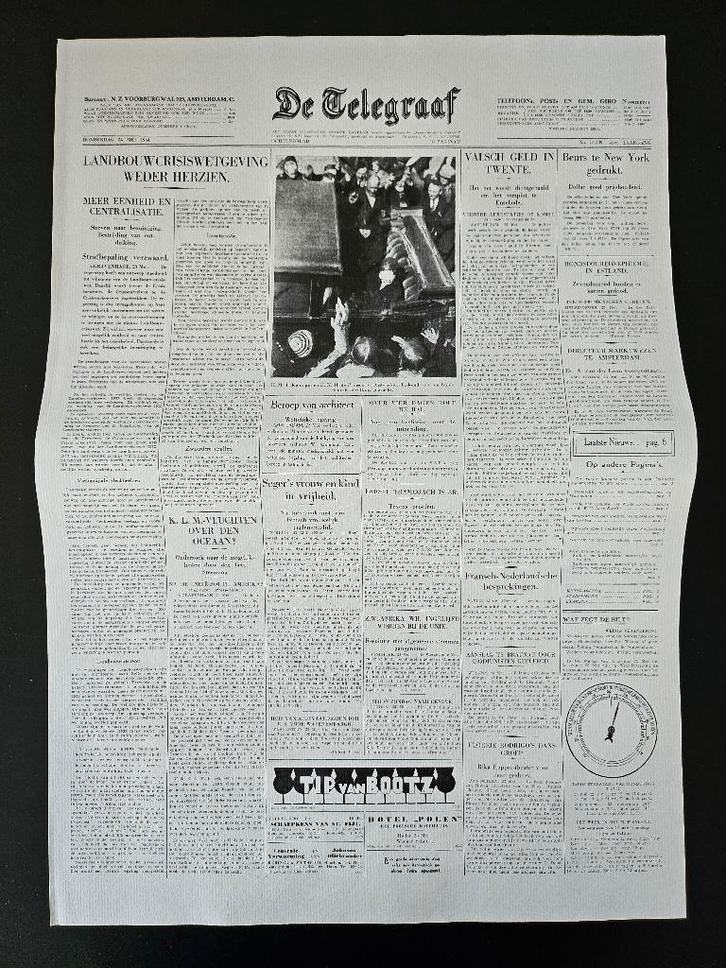 afdruk van historische voorpagina Telegraaf van 24-5-1934, Verzamelen, Tijdschriften, Kranten en Knipsels, Knipsel(s), Nederland